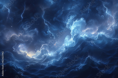 A stormy sea churns beneath a turbulent sky, lit up by flashes of lightning.