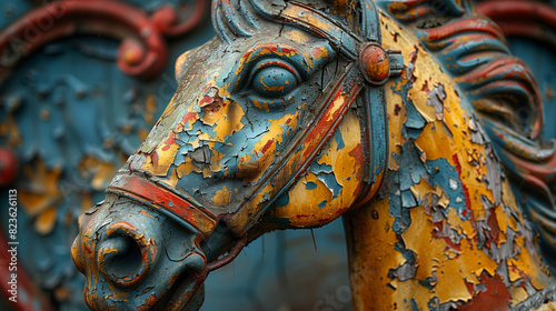 Details of Broken Carousel Horses - Close-up of the details of broken wooden carousel horses, showing cracks and peeling paint photo