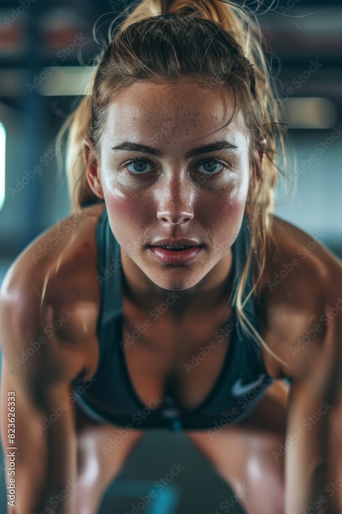 A determined athlete, VetalVit A, is training at a sports facility, performing push ups with a kettle. She shows great strength and focus during her workout routine A determined athlete, VetalVit A, is training at a sports facility, performing push ups with a kettle. She shows great strength and focus during her workout routine