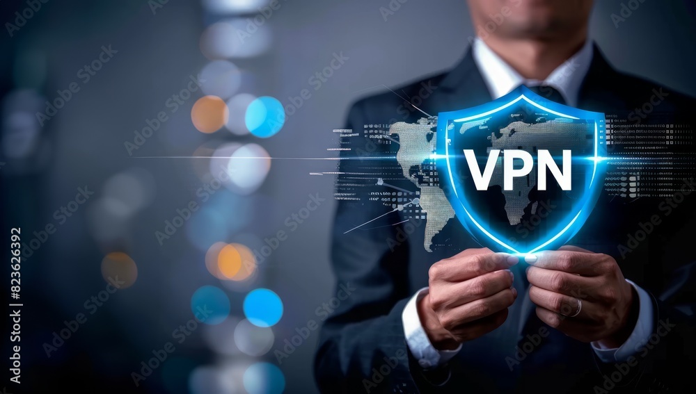 A businessman holding digital VPN text and shield A businessman holding digital VPN text and shield