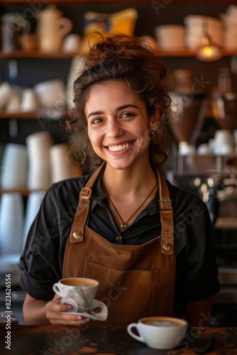 A woman is smiling while holding a cup of coffee in her hand. She appears happy and content as she enjoys her drink