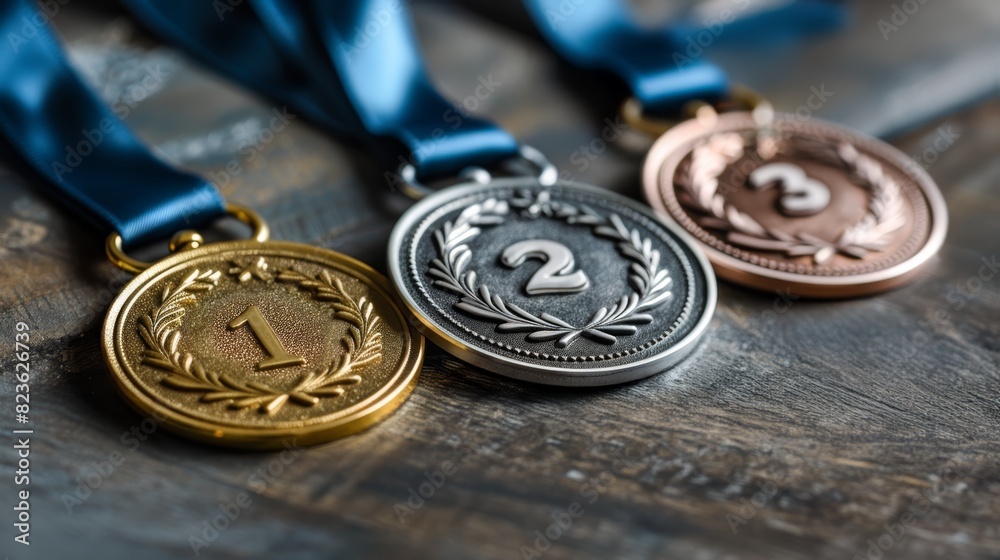 Gold, silver and bronze medals, sport award with ribbons. Sports athlete winner prize Gold, silver and bronze medals, sport award with ribbons. Sports athlete winner prize