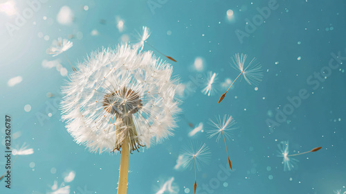 The dandelion seeds fly in the wind on a blue backgrou