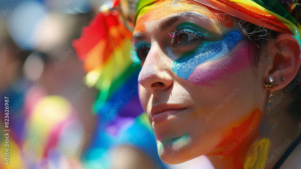 A person with a rainbow headband and face paint at a pride parade A person with a rainbow headband and face paint at a pride parade