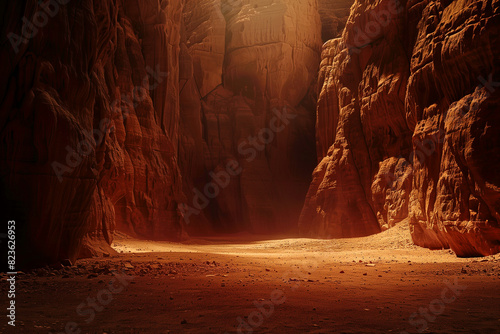 Product display on desert cave background. Podium showcase in sand rock cave. Empty space