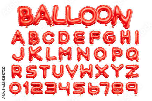 3d style vector of inflated glossy red balloon alphabet and numbers on white background