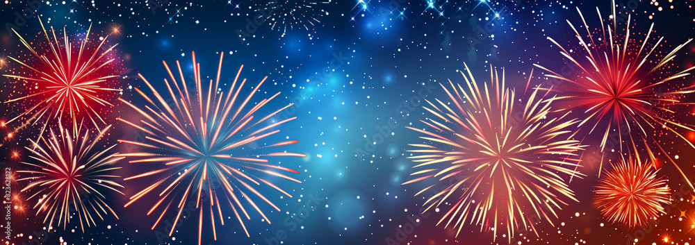 Fototapeta premium Fireworks explode with stars and snowfall