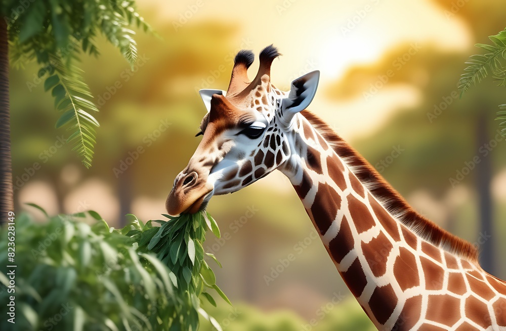 Fototapeta premium Close-up of a giraffe against a background of green trees eating leaves, the sun is shining over the savannah, the concept of a safari trip, a nature reserve, a zoo