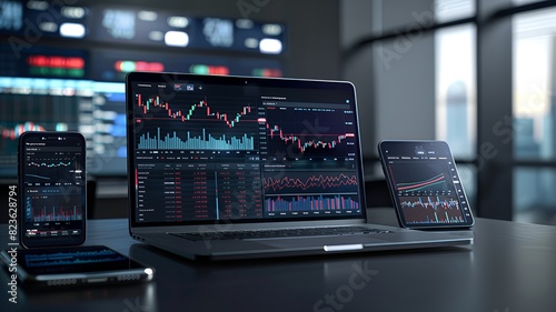 Modern stock exchange statistic chart diagram scene show in laptop and smartphone screen, forex trading market analysis monitor display background, generative ai