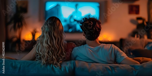 Couple watching movie on sofa at night - Back view with copy space. Concept Entertainment, Home Leisure, Movie Night, Couple Bonding, Relaxation