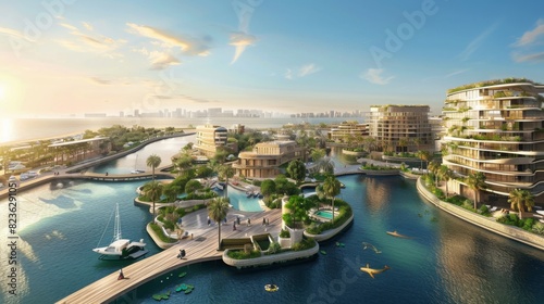 port designed in harmony with nature, featuring green spaces and eco-friendly infrastructure, surrounded by marine life, in a vibrant, natural style. --ar 16:9 --style raw  photo