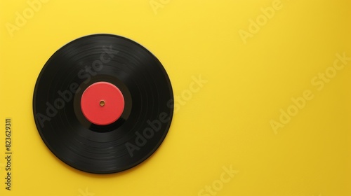 A classic black vinyl record with a red center, placed centrally on a vibrant yellow background, offering a minimalist yet striking visual appeal.