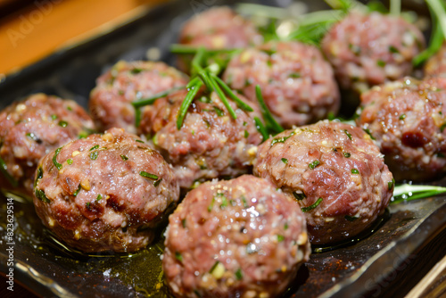 Meatballs With herbs and seasoning on black plate photo