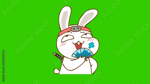 Animated Ninja Bunny Laughing and Using a Fan to Cool Down Green Screen