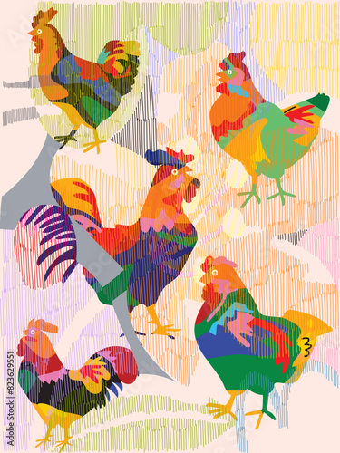 Aesthetic chicken, hen, rooster on colorful abstract background line art hand drawn vector illustration. Farm animal collection dessign for art, background, poster, cover and decoration.
