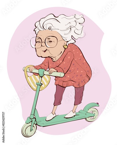 cartoon old lady riding on scooter