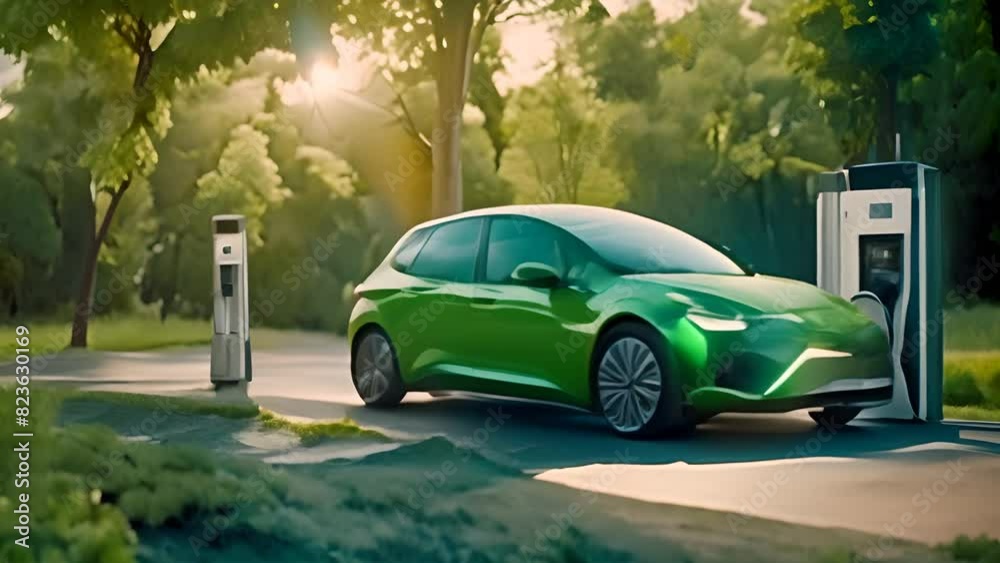 Green Electric Car Parked at Charging Station Generative AI Green Electric Car Parked at Charging Station Generative AI