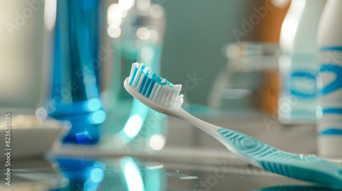 Toothbrush with paste near mouthwash on blurred 