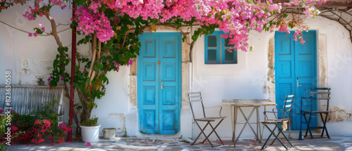 Fototapeta Naklejka Na Ścianę i Meble -  Blue door in a white house with a pink tree

