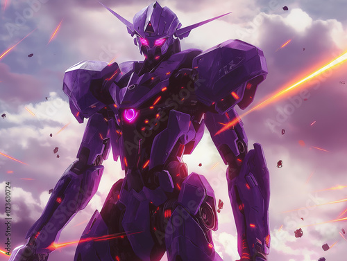 Giant Humanoid Robot, purple armour with glowing red eyes and neon lights on the body. Background of a stormy sky with debris flying around.