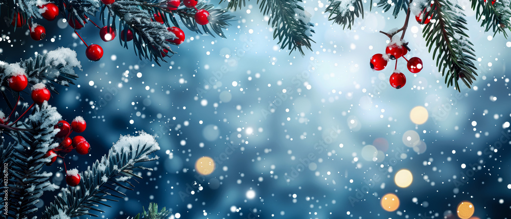 Christmas tree close up with red berries and snow, wide format banner