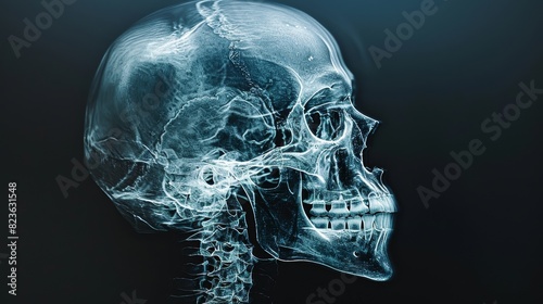 3D illustration of a human skull. Blue transparent skull with cervical spine on a dark blue background. photo