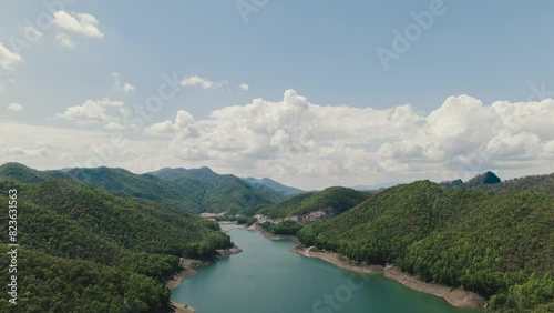 blue sky white clouds On a large water storage dam. Shoot hyperlapse of moving clouds High angle view of the drone. nature air blue sky White cloud background 4k video photo