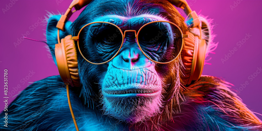 Cool neon party dj monkey in headphones and sunglasses Cool neon party dj monkey in headphones and sunglasses