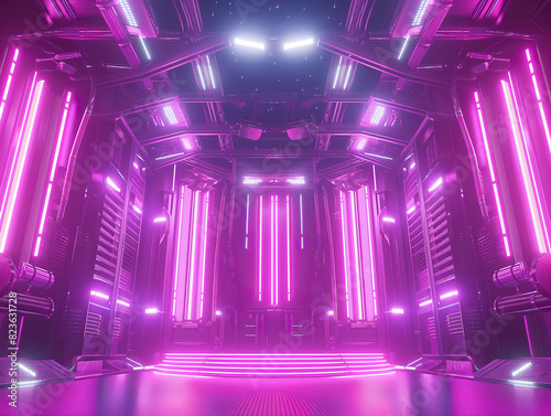 Sci Fi Futuristic Giant Stage Neon Glowing Gradient Vibrant Purple Pink Colored Metal Shiny Glossy Stage Modern Cyber Background, 3D Rendering
