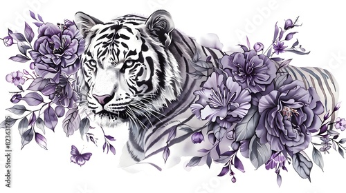 Majestic Tiger Amidst Enchanting Purple Floral Arrangement