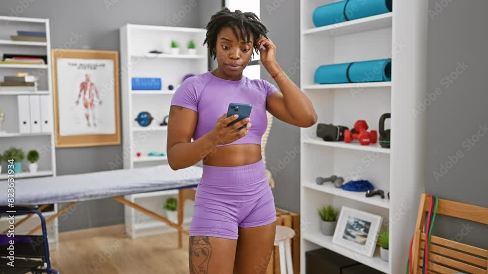 African american woman in athletic wear using smartphone in a physiotherapy clinic African american woman in athletic wear using smartphone in a physiotherapy clinic