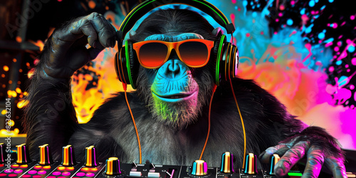 Cool neon party dj monkey in headphones and sunglasses