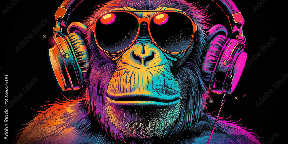 Cool neon party dj monkey in headphones and sunglasses Cool neon party dj monkey in headphones and sunglasses