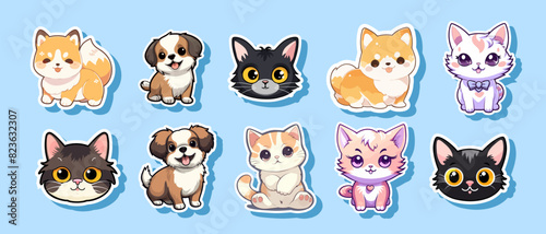 Dog and cat set. Cute pet. Puppy and kitty flat cartoon, cute flat style stickers. Cartoon design, happy face. Vector isolated illustration
