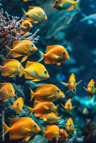 A vibrant school of angelfish swimming in perfect harmony