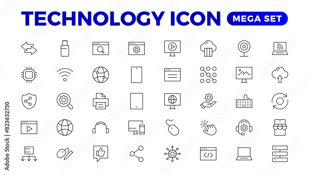 Technology line icons. Technological and device in various industries. Icons for websites, applications and creative outline icon. vector illustration. Technology line icons. Technological and device in various industries. Icons for websites, applications and creative outline icon. vector illustration.
