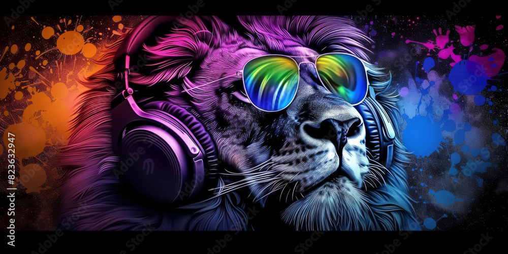 Cool neon party dj lion in headphones and sunglasses Cool neon party dj lion in headphones and sunglasses
