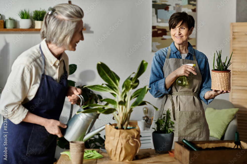 Two women in aprons tend to potted plants in a kitchen. Two women in aprons tend to potted plants in a kitchen.