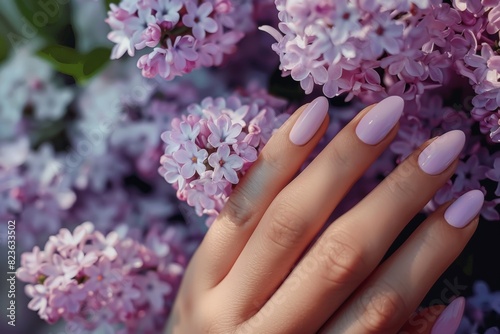 Hand Model With Long Nails Painted With a Lilac Nail Polish Lilac Flowers In The Background Nail Salon