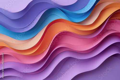 Abstract paper craft shapes in bright colors and photorealistic lilac background.