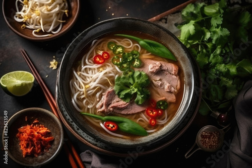 Authentic Spicy Vietnamese Pho with Fresh Herbs and Tender Beef in a Dark Rustic Setting