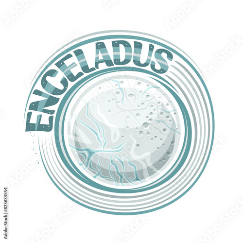 Vector logo for Enceladus Moon, decorative cosmo print with rotating satellite with craters on ice crust surface, space sticker with unique brush lettering for blue text enceladus on white background
