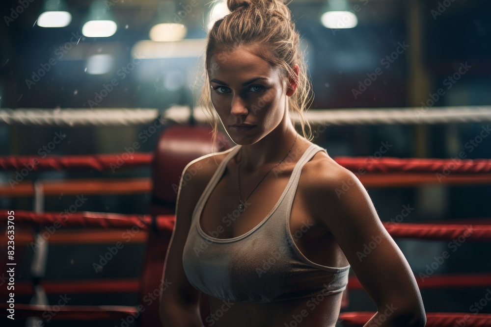 Confident young woman boxer stands ready inside a boxing ring, showcasing strength and focus