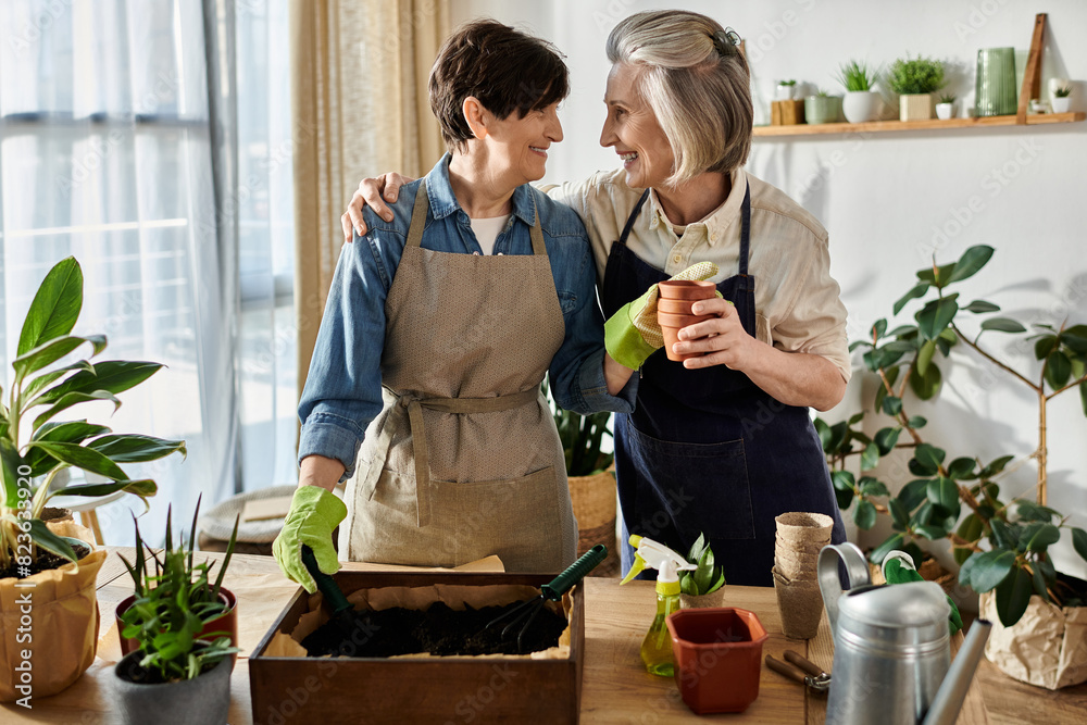 Two women in matching aprons tend to a lush potted plant. Two women in matching aprons tend to a lush potted plant.