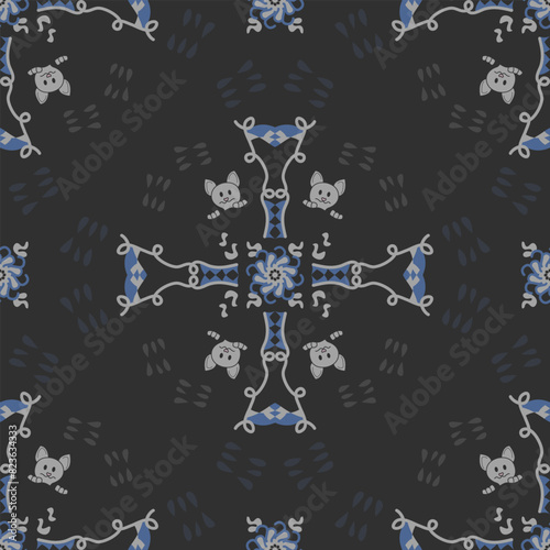 Seamless Pattern. Cat hiding. Colors Blue and Gray.