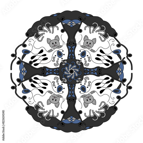 Mandala. Cat hiding. Colors Blue and Gray.