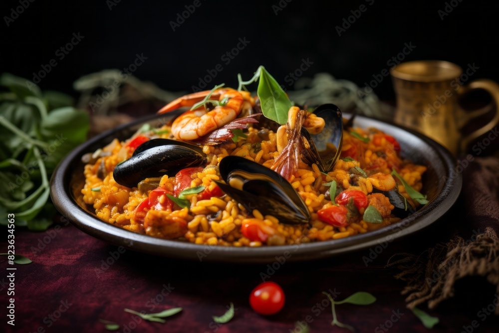 Tempting paella on a palm leaf plate against a painted brick background Tempting paella on a palm leaf plate against a painted brick background