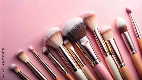 Cosmetic makeup brush on a pink background. Cosmetic product for make-up. Creative and beauty fashion concept. Fashion. Collection of cosmetic makeup brushes, top view, banner