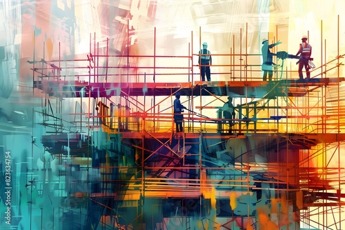 Collaborative Construction Endeavor Vibrant Expressionist Vision of an Industrious Urban Worksite