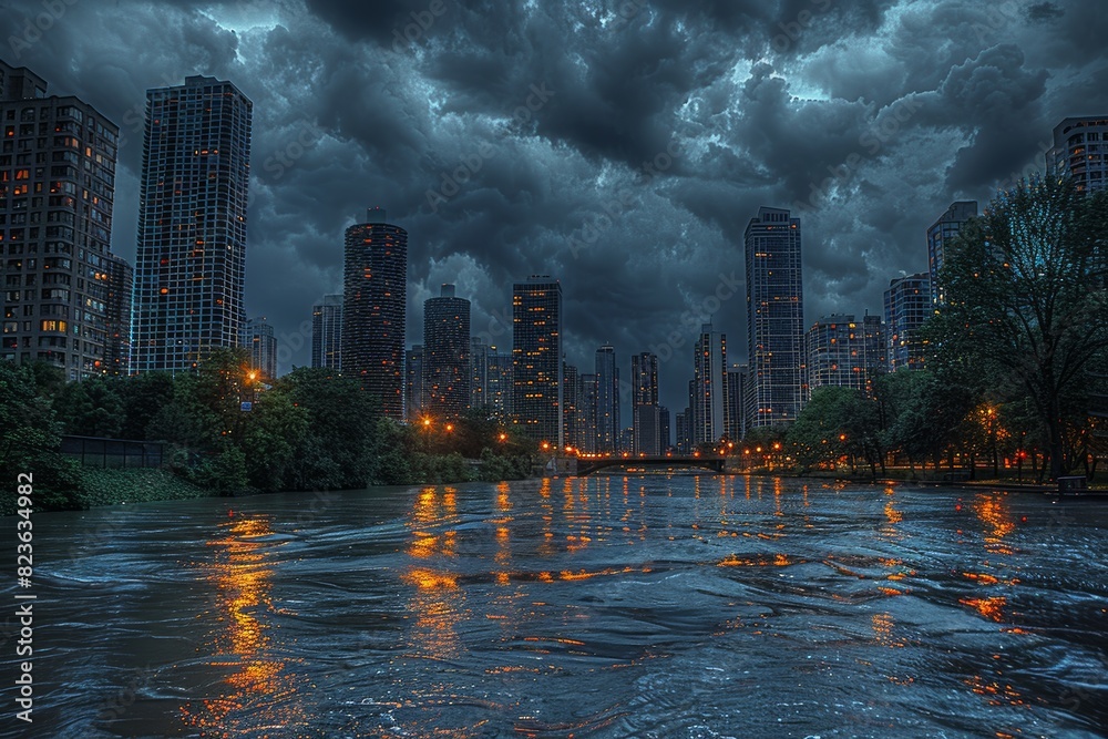 Fototapeta premium Stormy Sky Over City With River